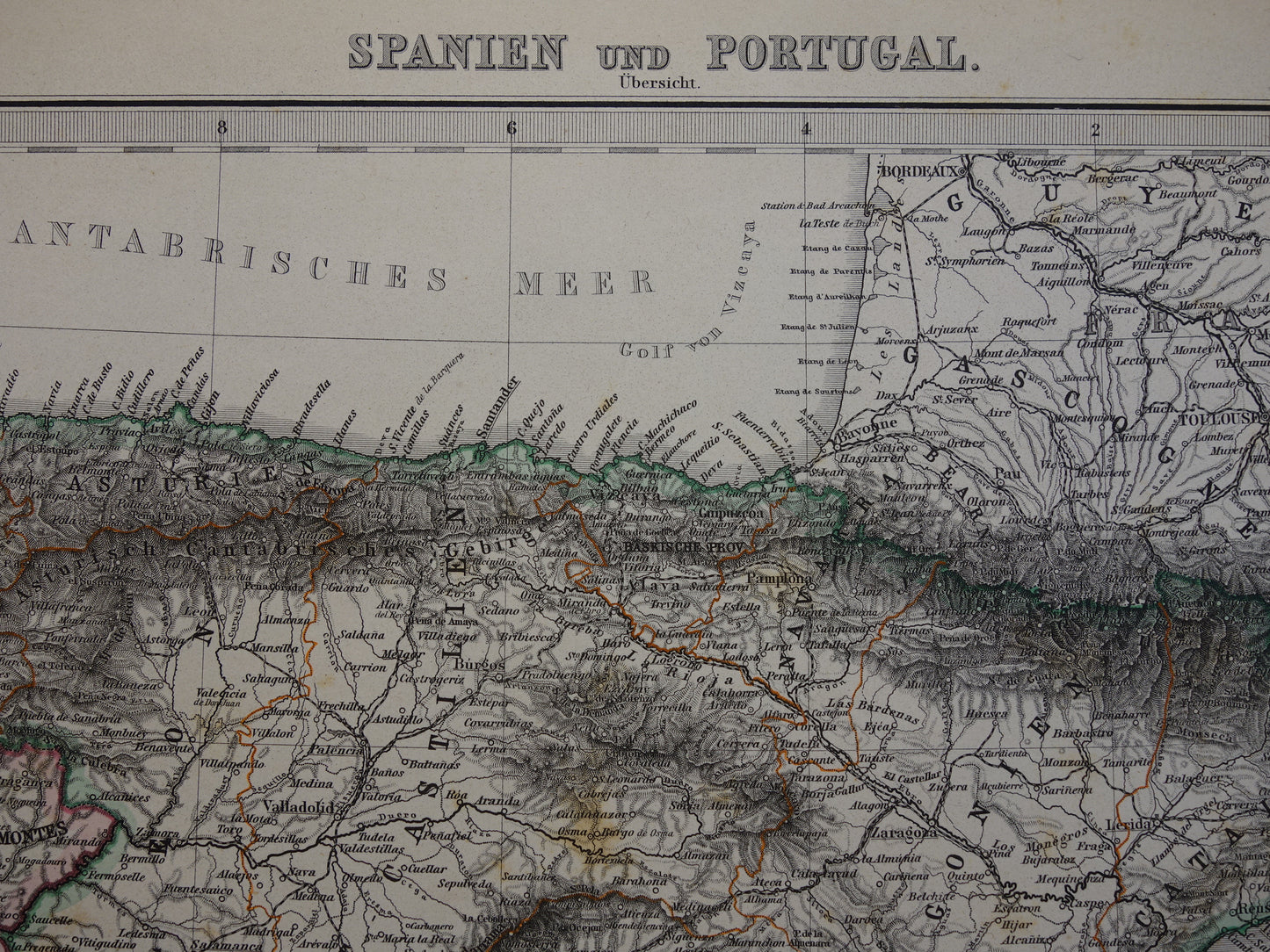 SPANJE oude landkaart uit 1884 originele antieke Duitse kaart van Spanje en Portugal 35x43 cm