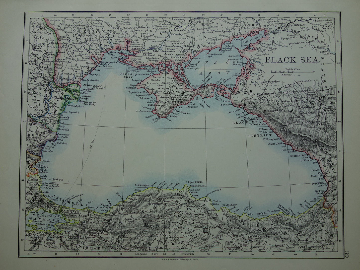 ZWARTE ZEE Oude kaart van Zwarte Zeegebied uit 1901 originele antieke Engelse landkaart Black Sea