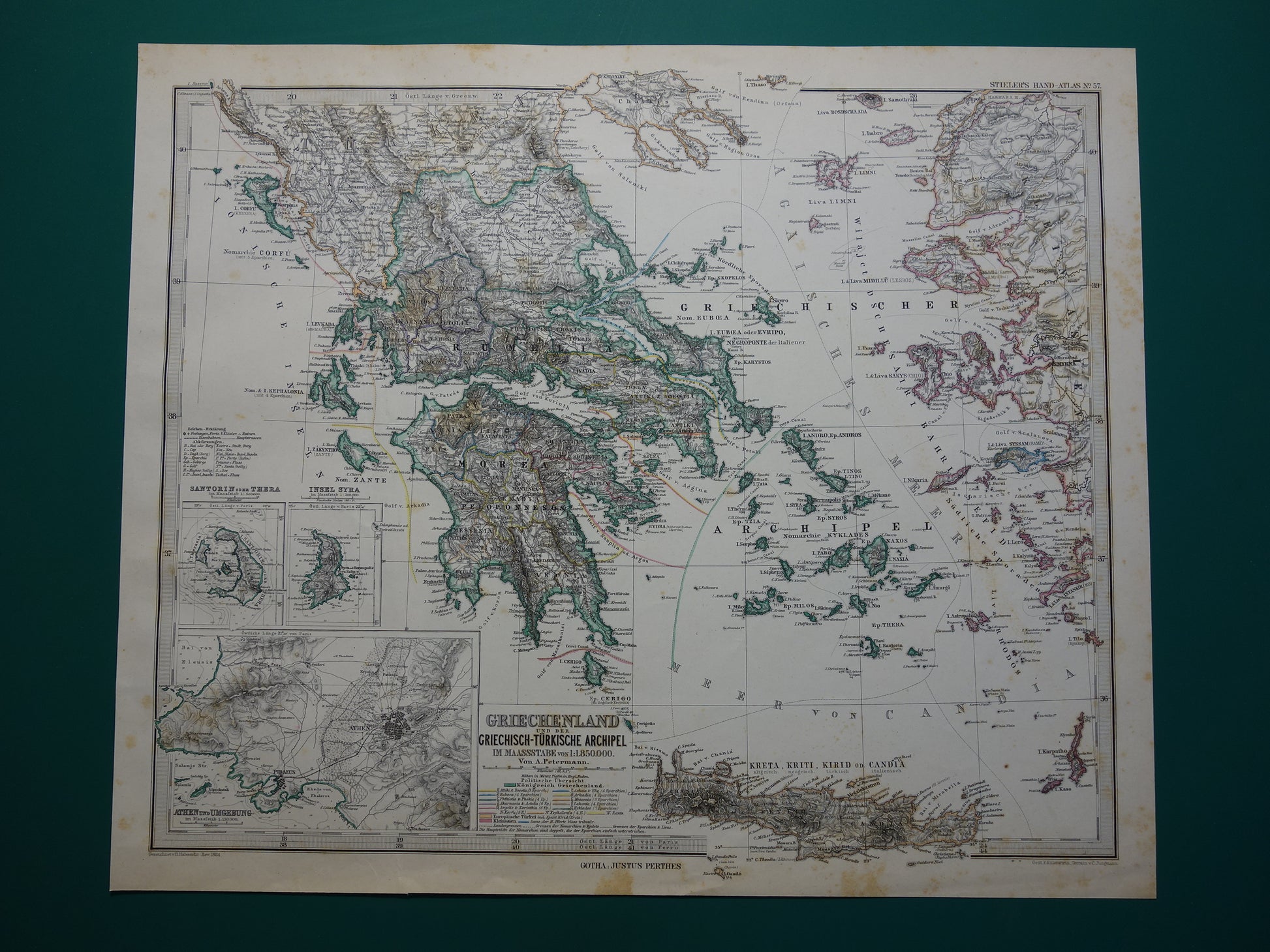 GRIEKENLAND oude landkaart 1884 originele antieke Duitse kaart