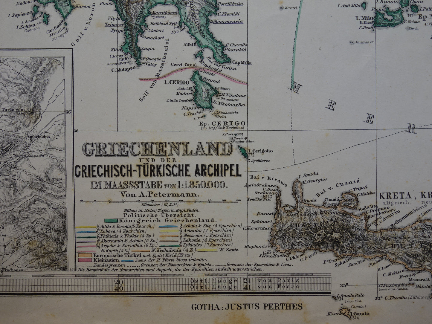 GRIEKENLAND oude landkaart 1884 originele antieke Duitse kaart