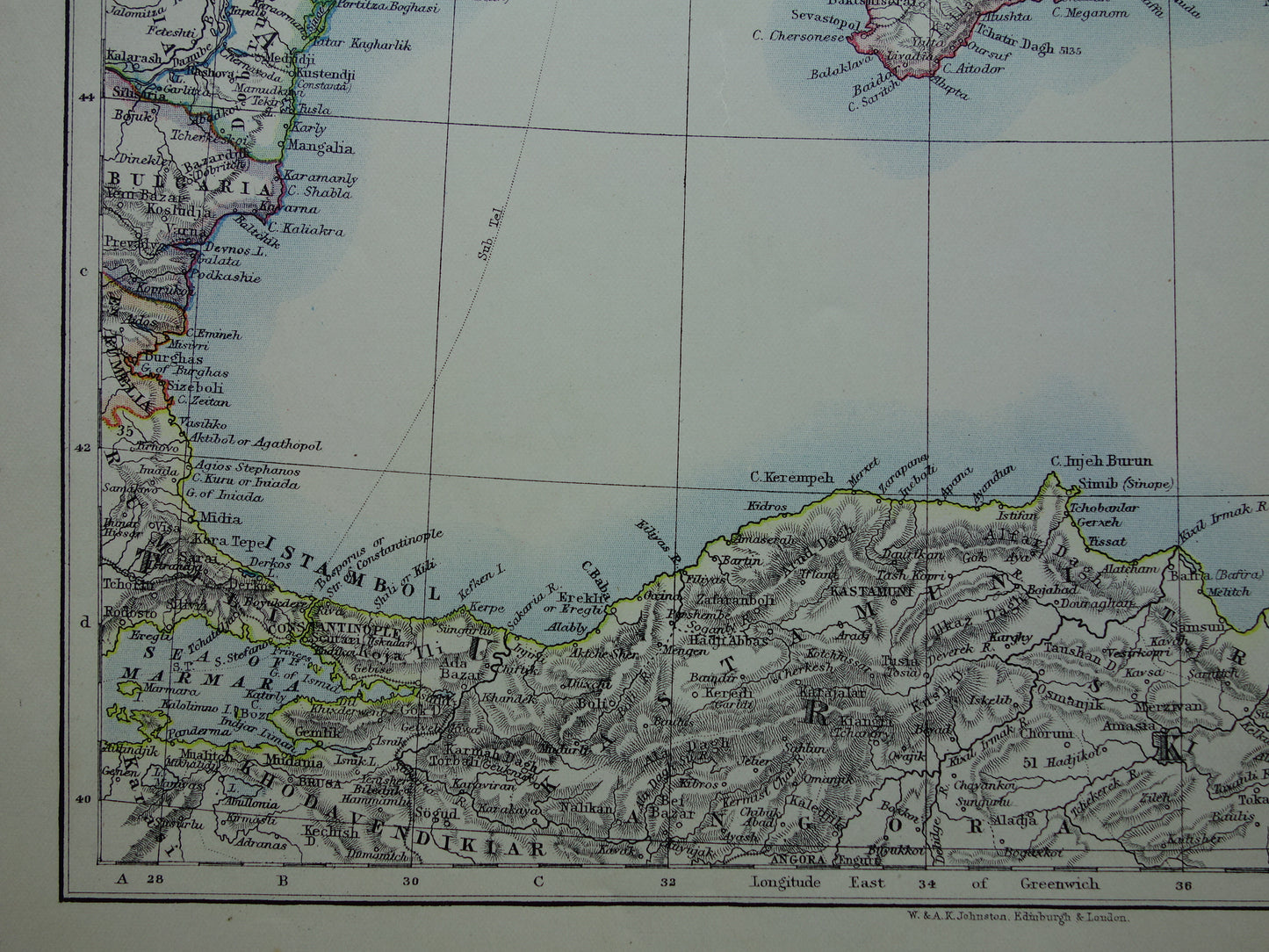 ZWARTE ZEE Oude kaart van Zwarte Zeegebied uit 1901 originele antieke Engelse landkaart Black Sea