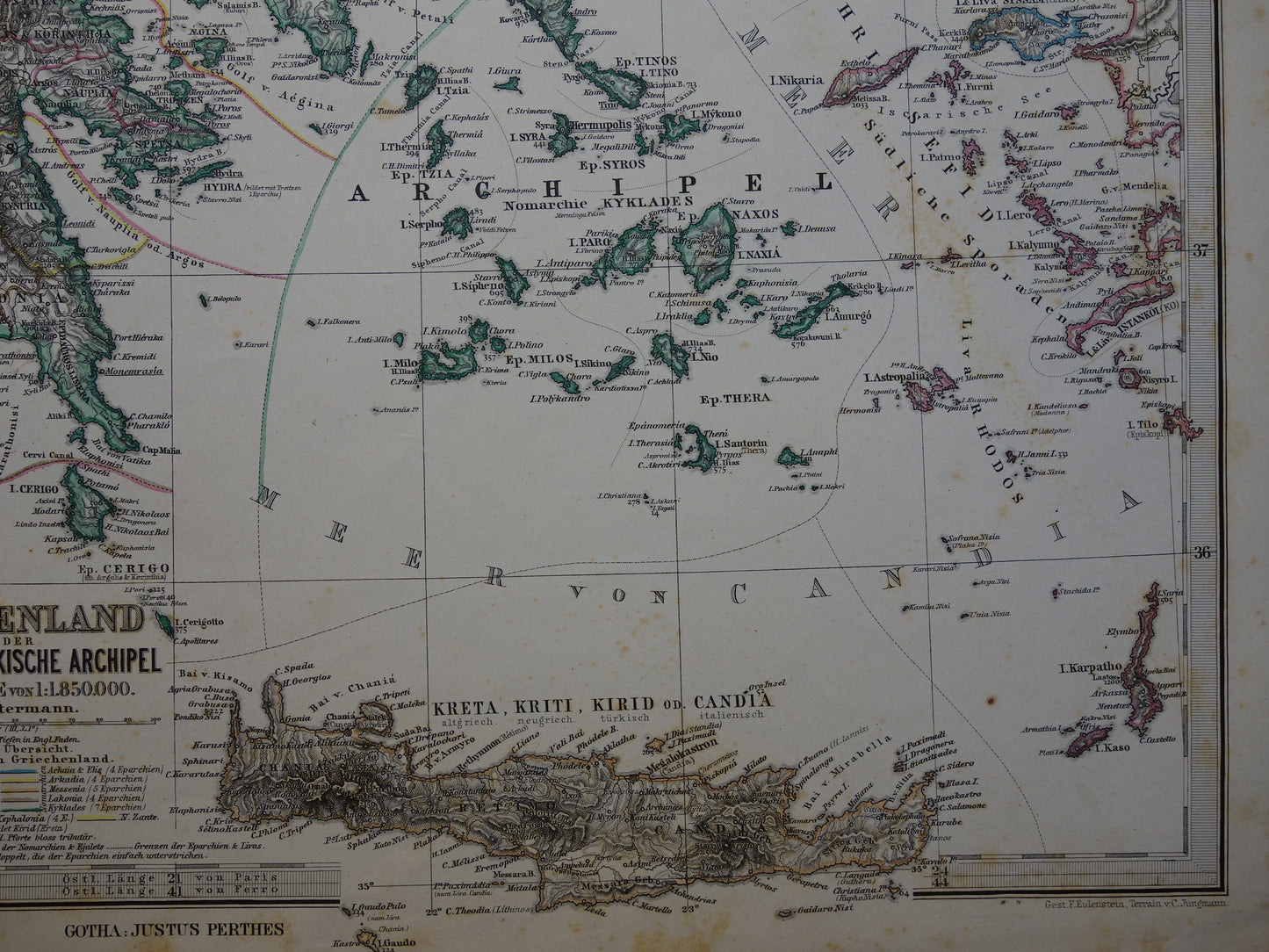 GRIEKENLAND oude landkaart 1884 originele antieke Duitse kaart