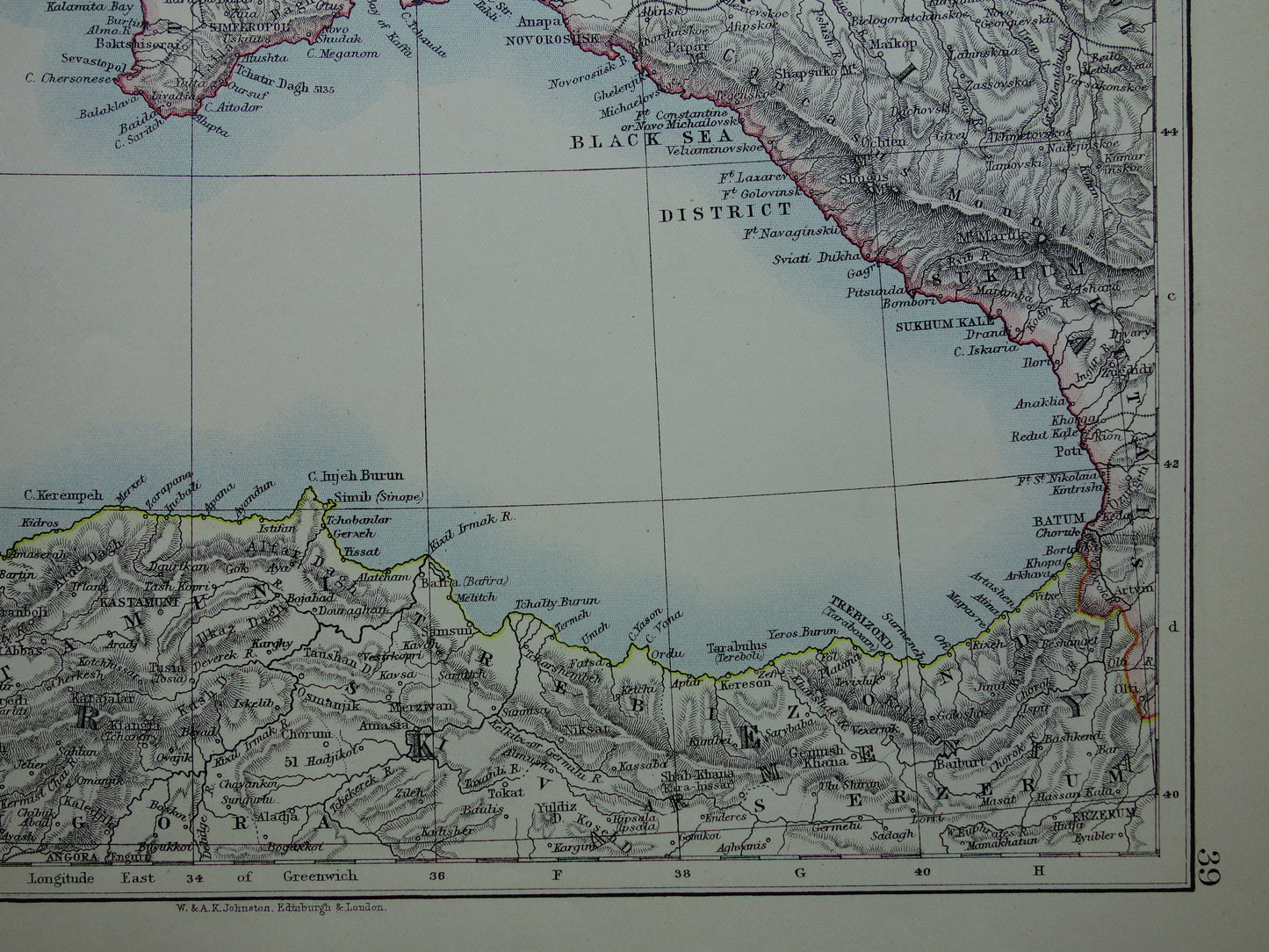 ZWARTE ZEE Oude kaart van Zwarte Zeegebied uit 1901 originele antieke Engelse landkaart Black Sea