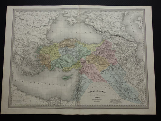 TURKIJE Grote oude landkaart uit 1880 van Asia Minor Turkse Rijk in Azië handgekleurde Franse antieke kaart