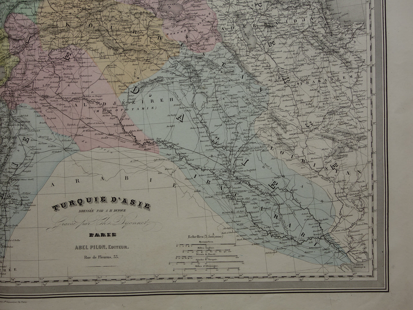 TURKIJE Grote oude landkaart uit 1880 van Asia Minor Turkse Rijk in Azië handgekleurde Franse antieke kaart