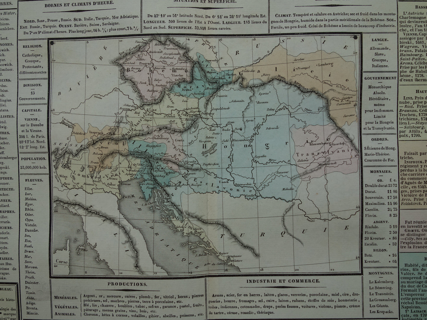 Heilige Roomse Rijk oude kaart Oostenrijk Hongarije 1837 grote antieke gravure over geschiedenis van Duitsland Europa met vintage landkaart