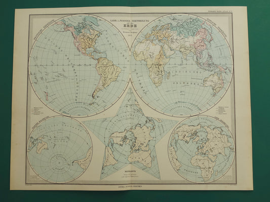 Antieke WERELDKAART grote oude kaart van de Wereld uit 1879 met dubbele hemisfeer originele vintage landkaart oceanen grootste landmassa met datum