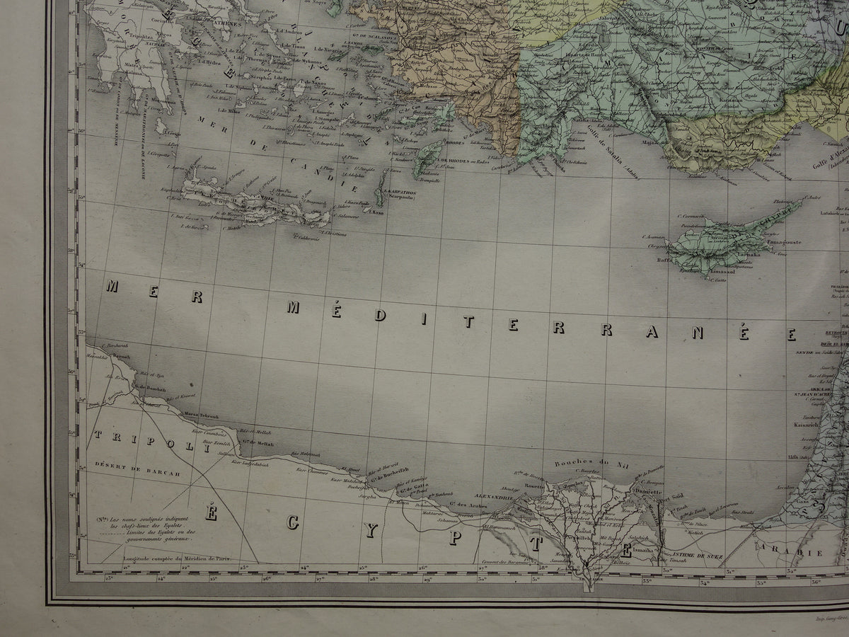 TURKIJE Grote oude landkaart uit 1880 van Asia Minor Turkse Rijk in Azië handgekleurde Franse antieke kaart