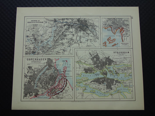 Oude kaart van Stockholm, Kopenhagen, Oslo en Berlijn uit 1901 originele antieke Engelse landkaart plattegrond