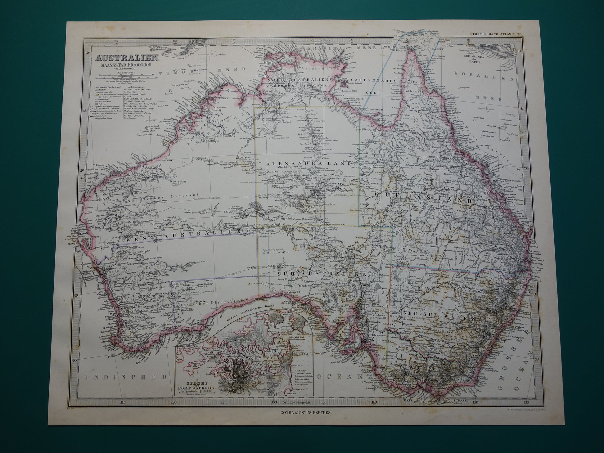 AUSTRALIE oude landkaart uit 1884 originele antieke Duitse kaart van Australië 37x44 cm