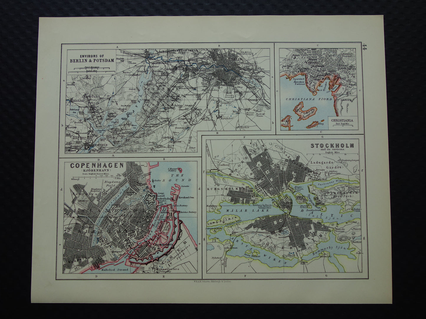Oude kaart van Stockholm, Kopenhagen, Oslo en Berlijn uit 1901 originele antieke Engelse landkaart plattegrond