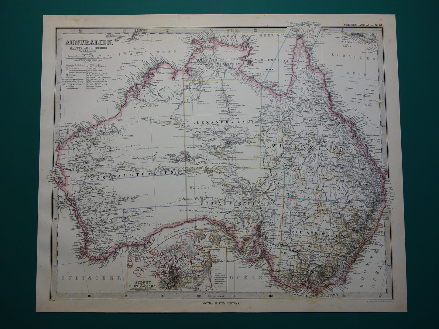 AUSTRALIE oude landkaart uit 1884 originele antieke Duitse kaart van Australië 37x44 cm