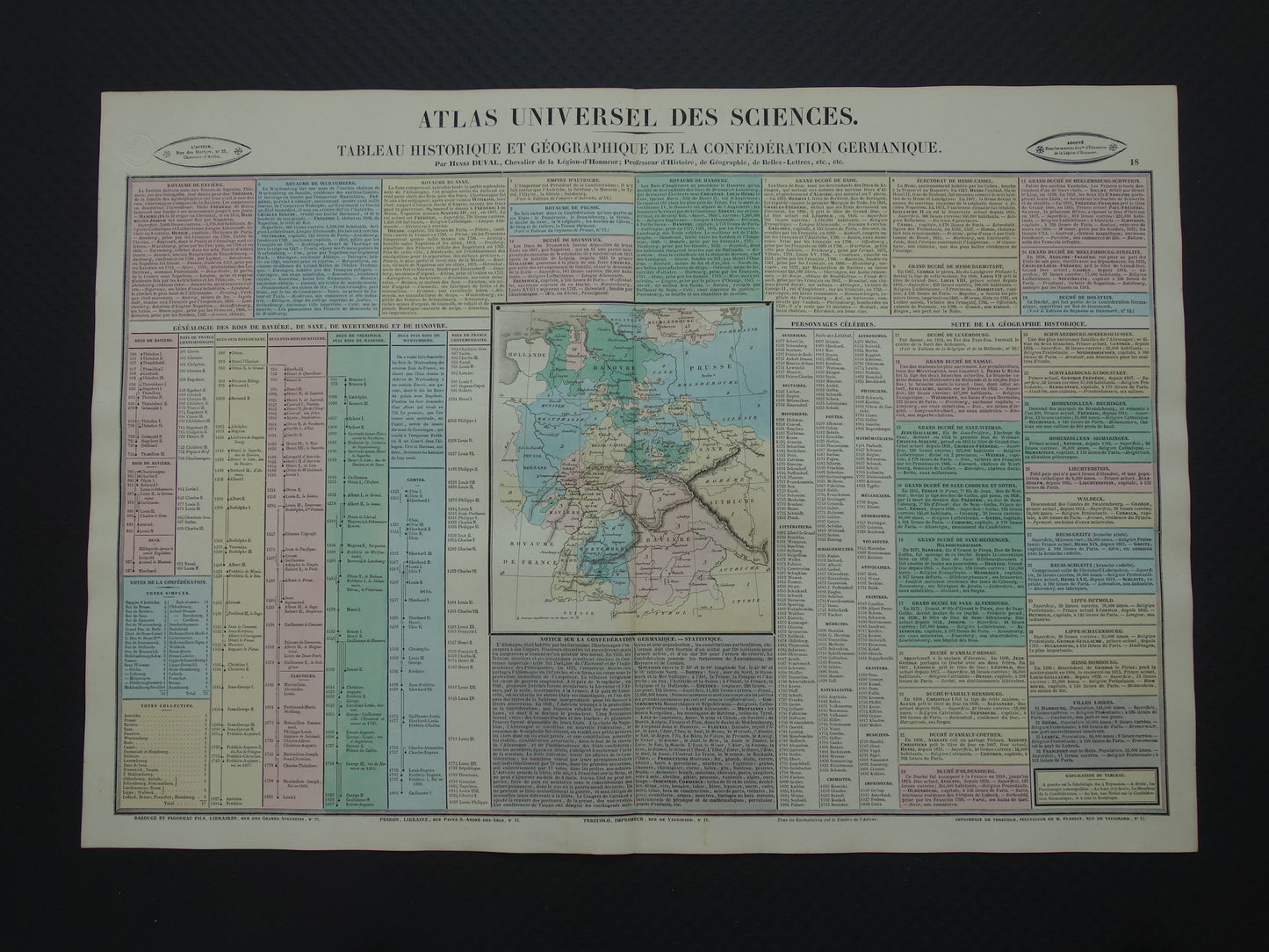 DUITSLAND oude kaart Duitse Bond 1837 grote antieke gravure over geschiedenis van Duitsland met vintage landkaart