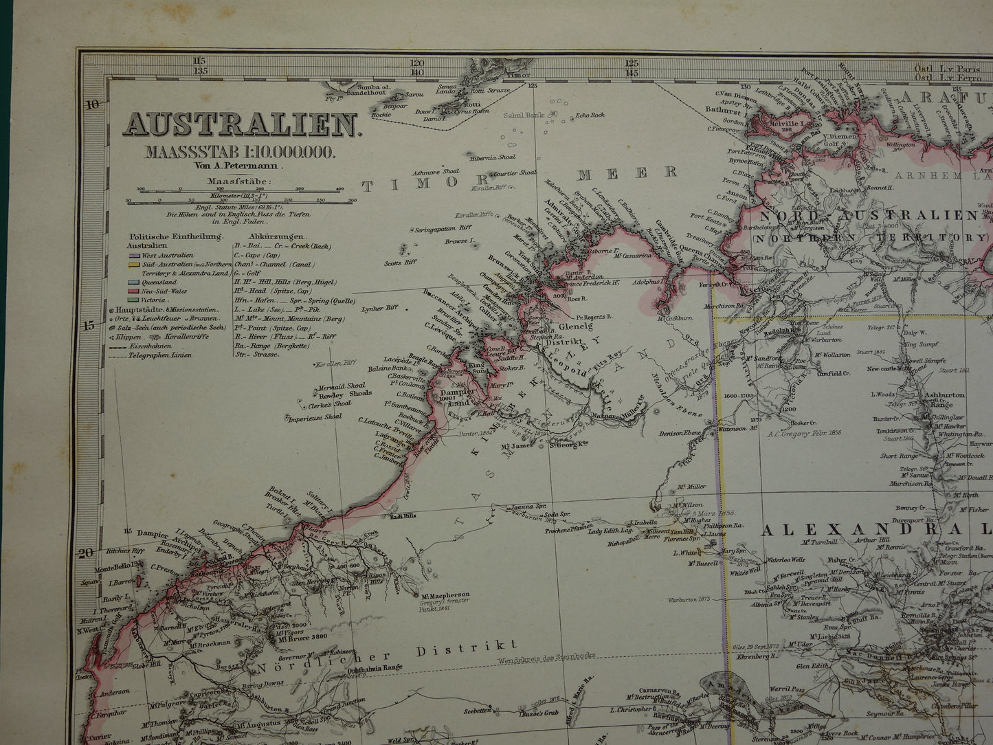 AUSTRALIE oude landkaart uit 1884 originele antieke Duitse kaart van Australië 37x44 cm