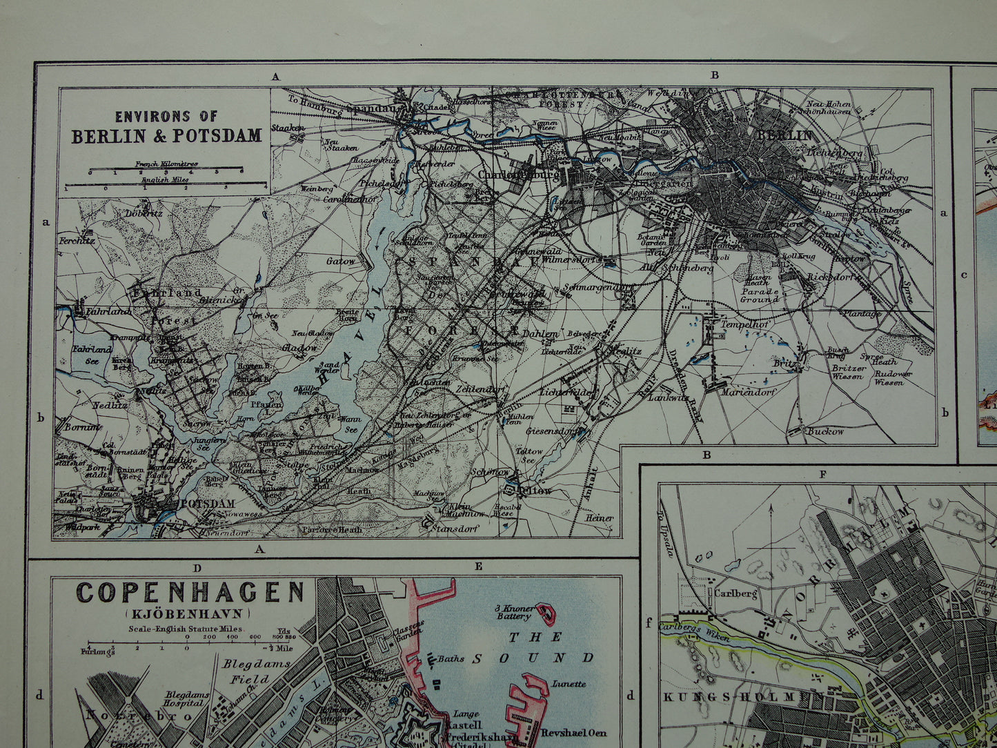 Oude kaart van Stockholm, Kopenhagen, Oslo en Berlijn uit 1901 originele antieke Engelse landkaart plattegrond