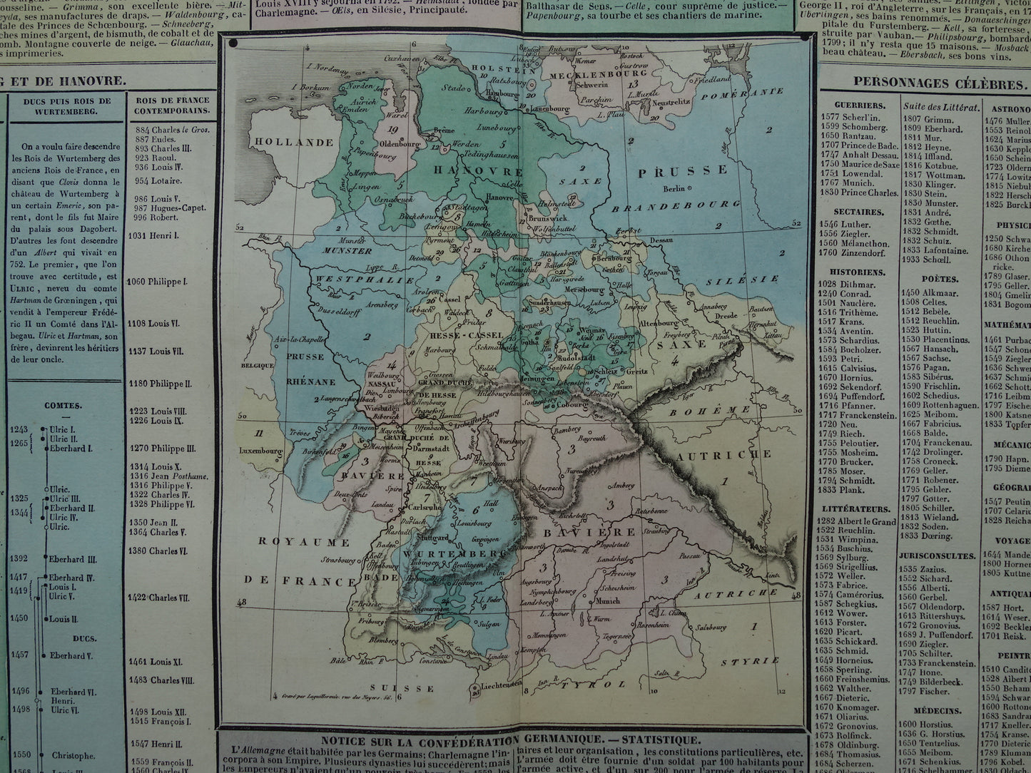 DUITSLAND oude kaart Duitse Bond 1837 grote antieke gravure over geschiedenis van Duitsland met vintage landkaart