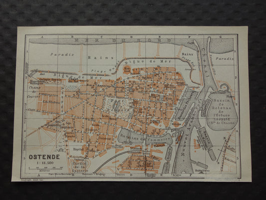 OOSTENDE oude kaart van Ostende België uit 1904 kleine originele antieke plattegrond landkaart