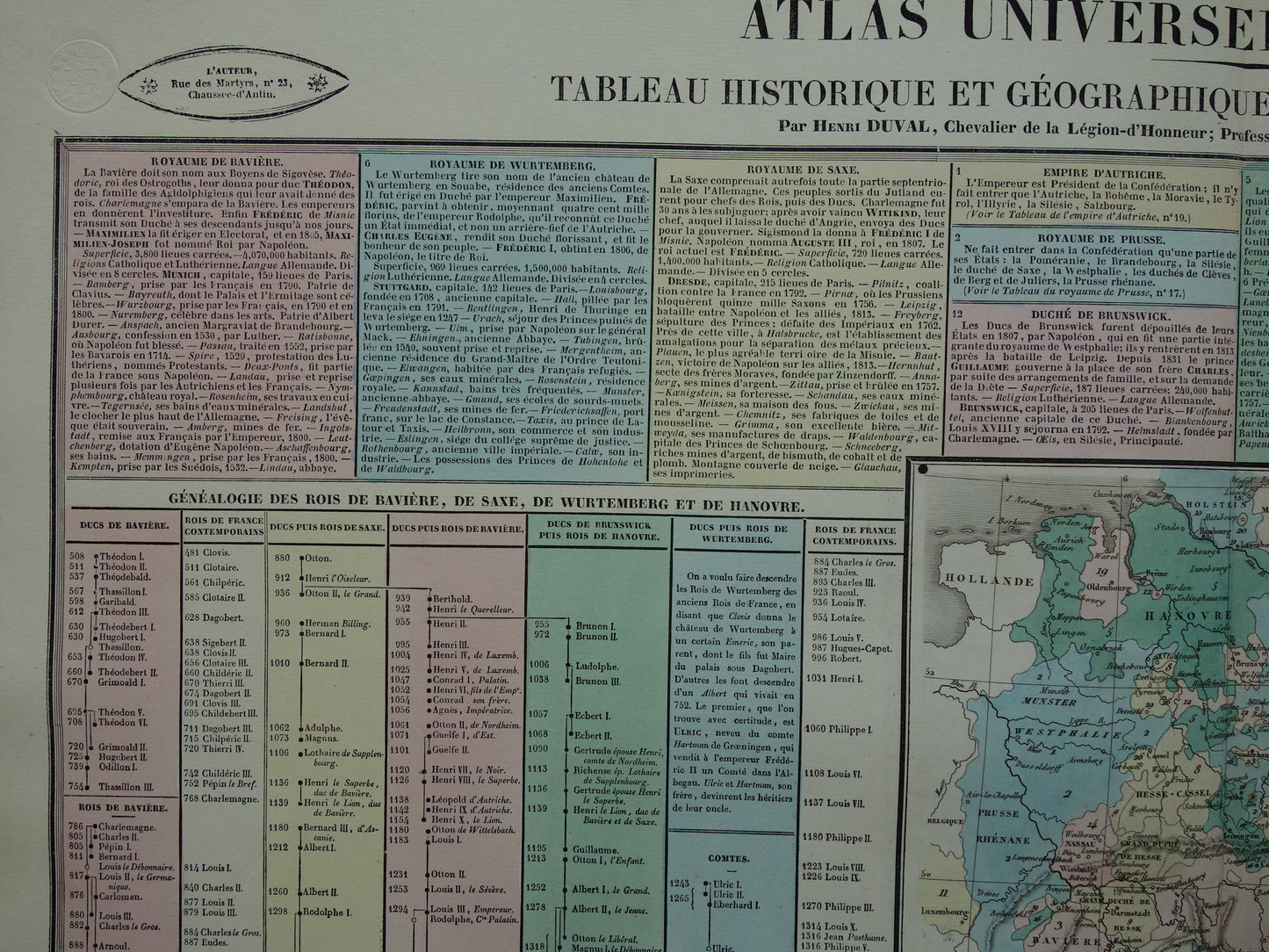 DUITSLAND oude kaart Duitse Bond 1837 grote antieke gravure over geschiedenis van Duitsland met vintage landkaart