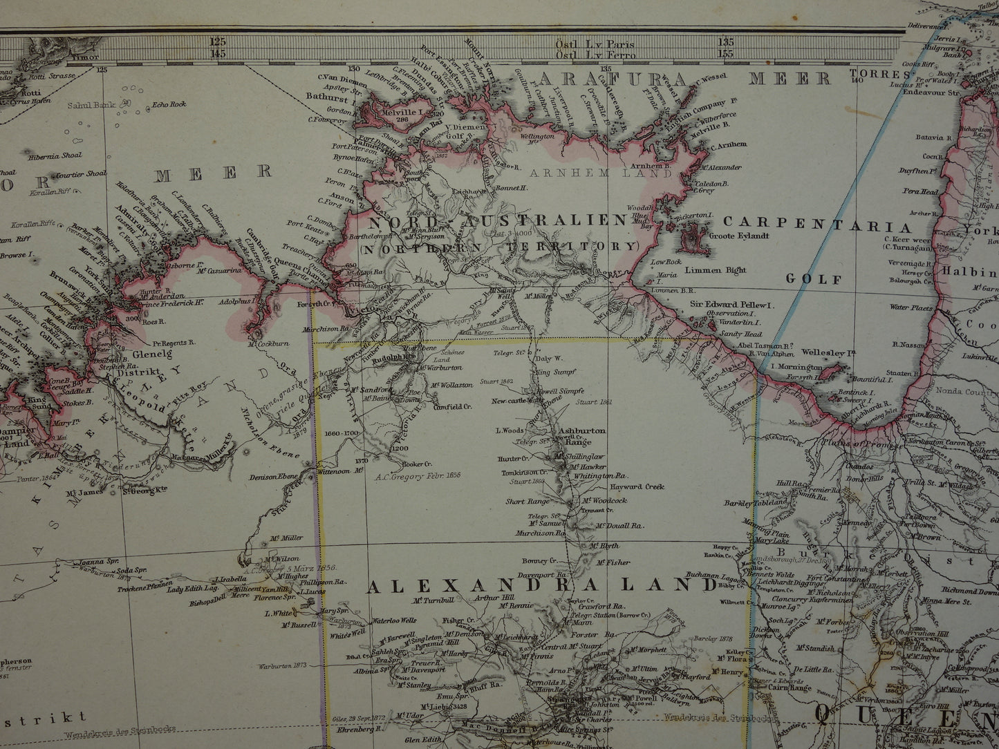 AUSTRALIE oude landkaart uit 1884 originele antieke Duitse kaart van Australië 37x44 cm