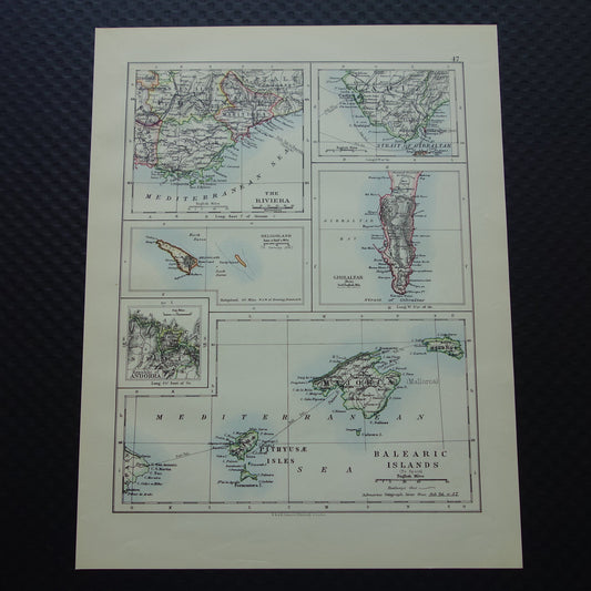 Oude kaart van Gibraltar Mallorca Balearen Ibiza uit 1901 originele antieke Engelse landkaart
