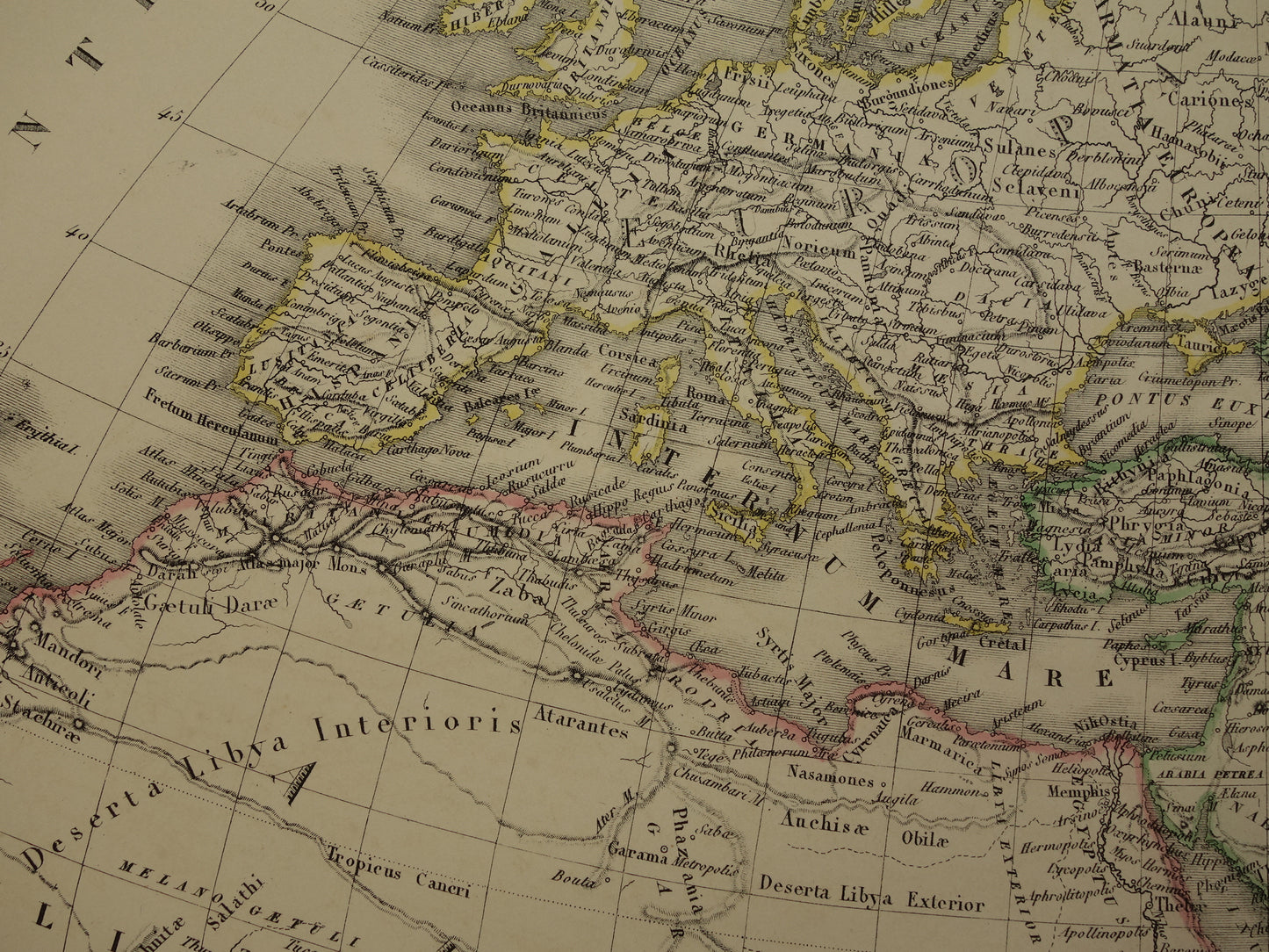 Ptolemaeus oude wereldkaart uit 1851 kaart van de klassieke wereld originele antieke handgekleurde landkaart met jaartal geschiedeniskaart