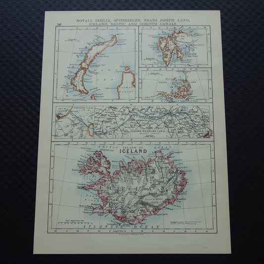 Oude kaart van Ijsland Spitsbergen Nova Zembla uit 1901 originele antieke Engelse landkaart