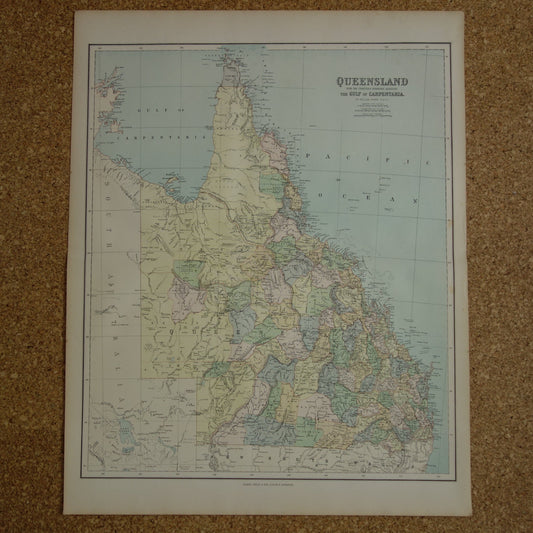 Queensland Australië oude kaart 1890 originele antieke Engelse landkaart Queensland QLD poster