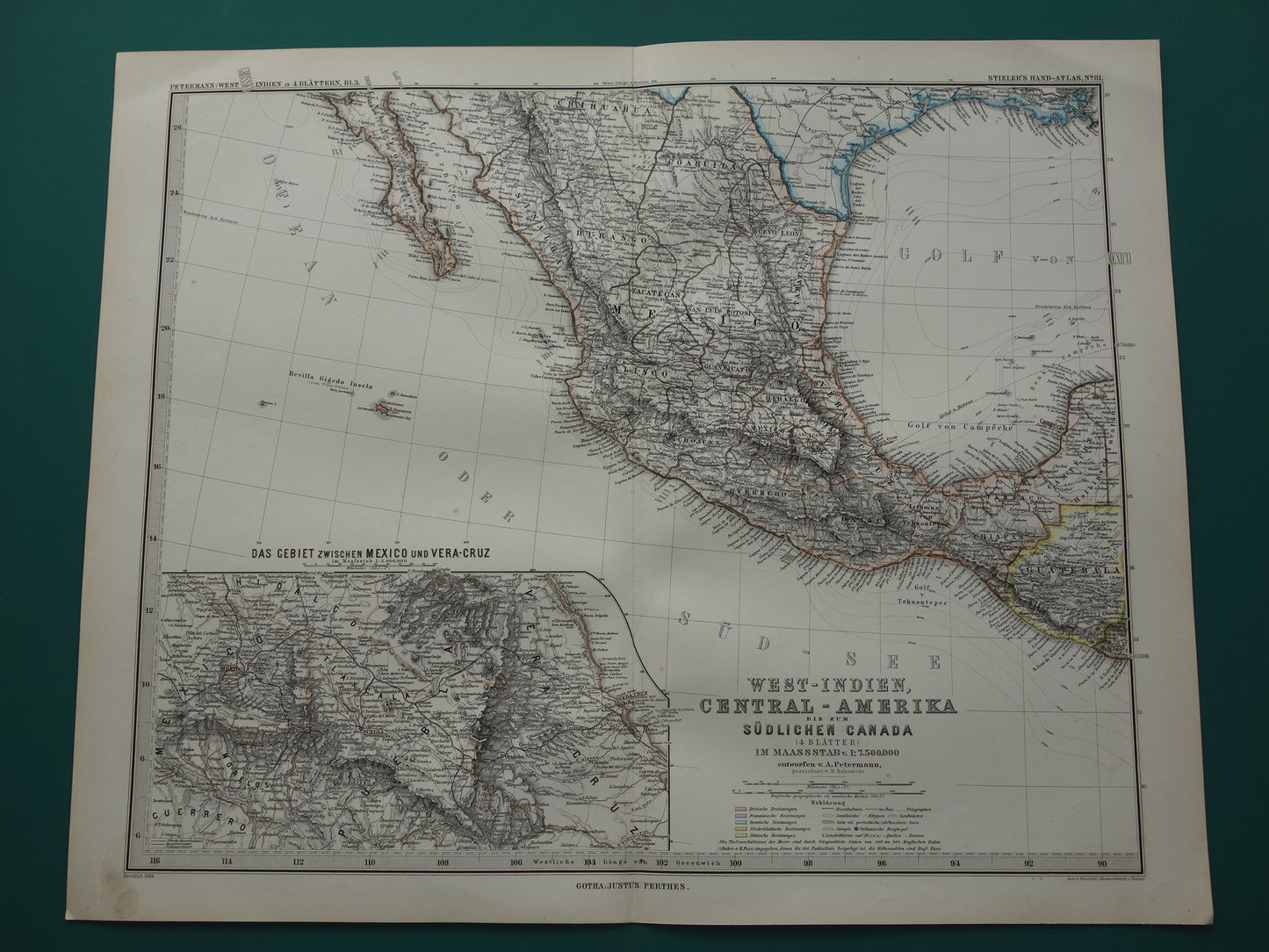 MEXICO oude handgekleurde landkaart van Mexico uit 1886 originele antieke kaart met jaartal
