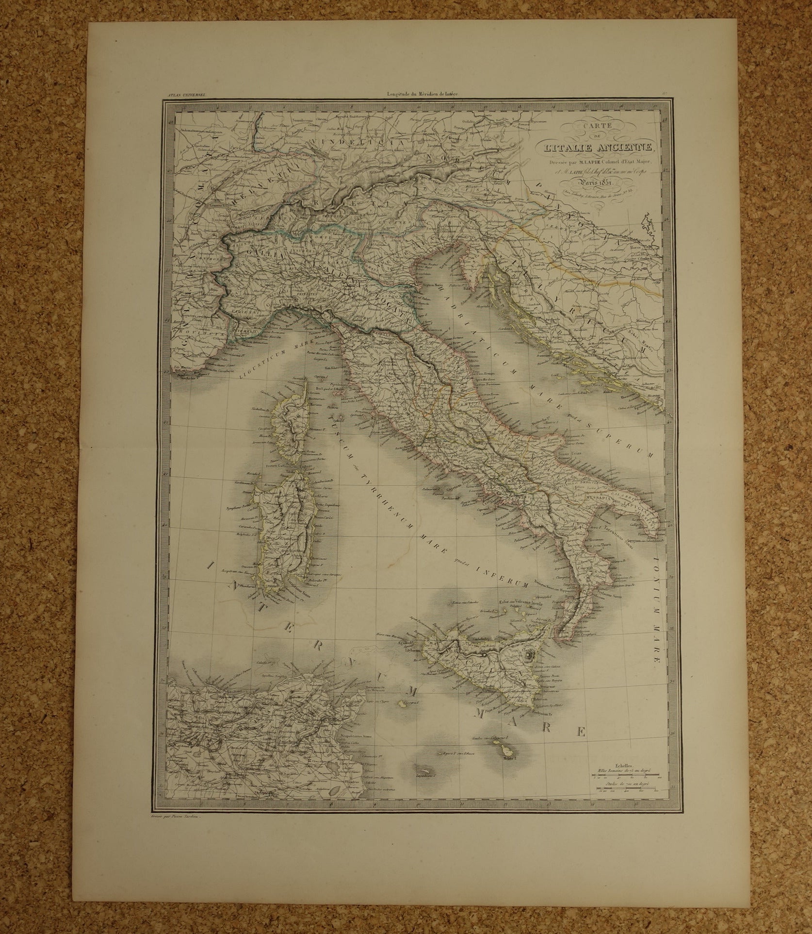 Antieke kaart van Italië in de klassieke oudheid 170+ jaar oude grote Franse handgekleurde landkaart uit 1851 met jaartal