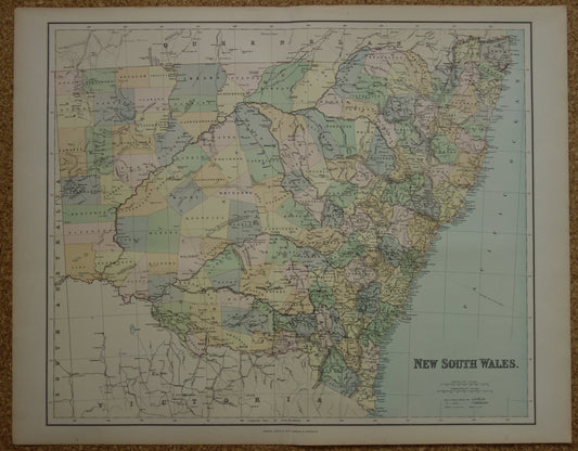 New South Wales Australië oude kaart 1890 originele antieke Engelse landkaart NSW Sydney poster