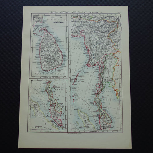 Oude kaart van Myanmar & Sri Lanka uit 1901 originele antieke Engelse landkaart Birma Ceylon Malakka
