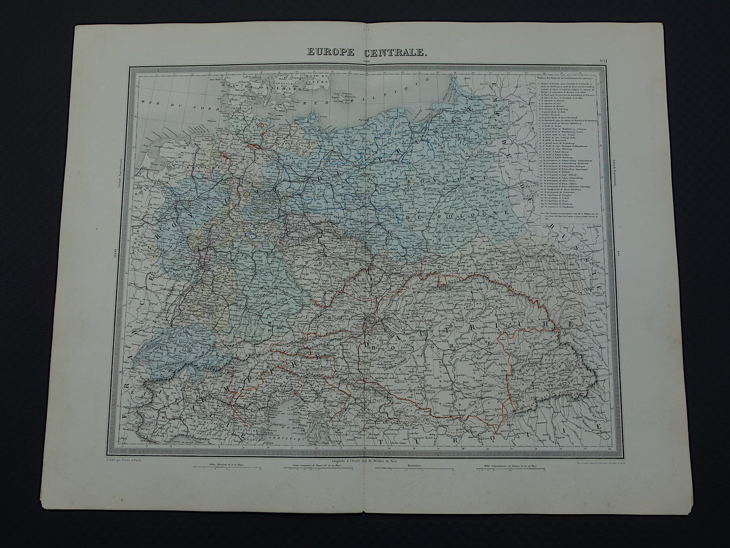 DUITSLAND Grote antieke landkaart van het Duitse Rijk Pruissen 1858 originele oude kaart Centraal Europa met Oostenrijk-Hongarije te koop