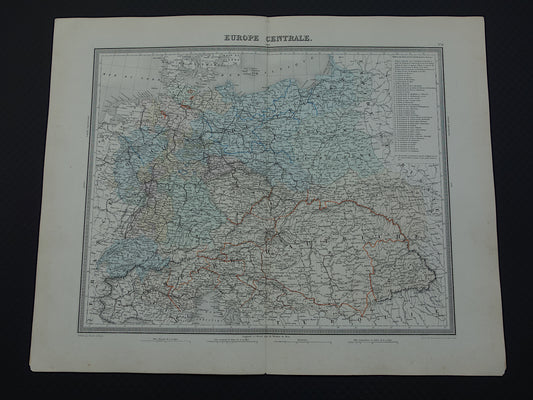 DUITSLAND Grote antieke landkaart van het Duitse Rijk Pruissen 1858 originele oude kaart Centraal Europa met Oostenrijk-Hongarije te koop