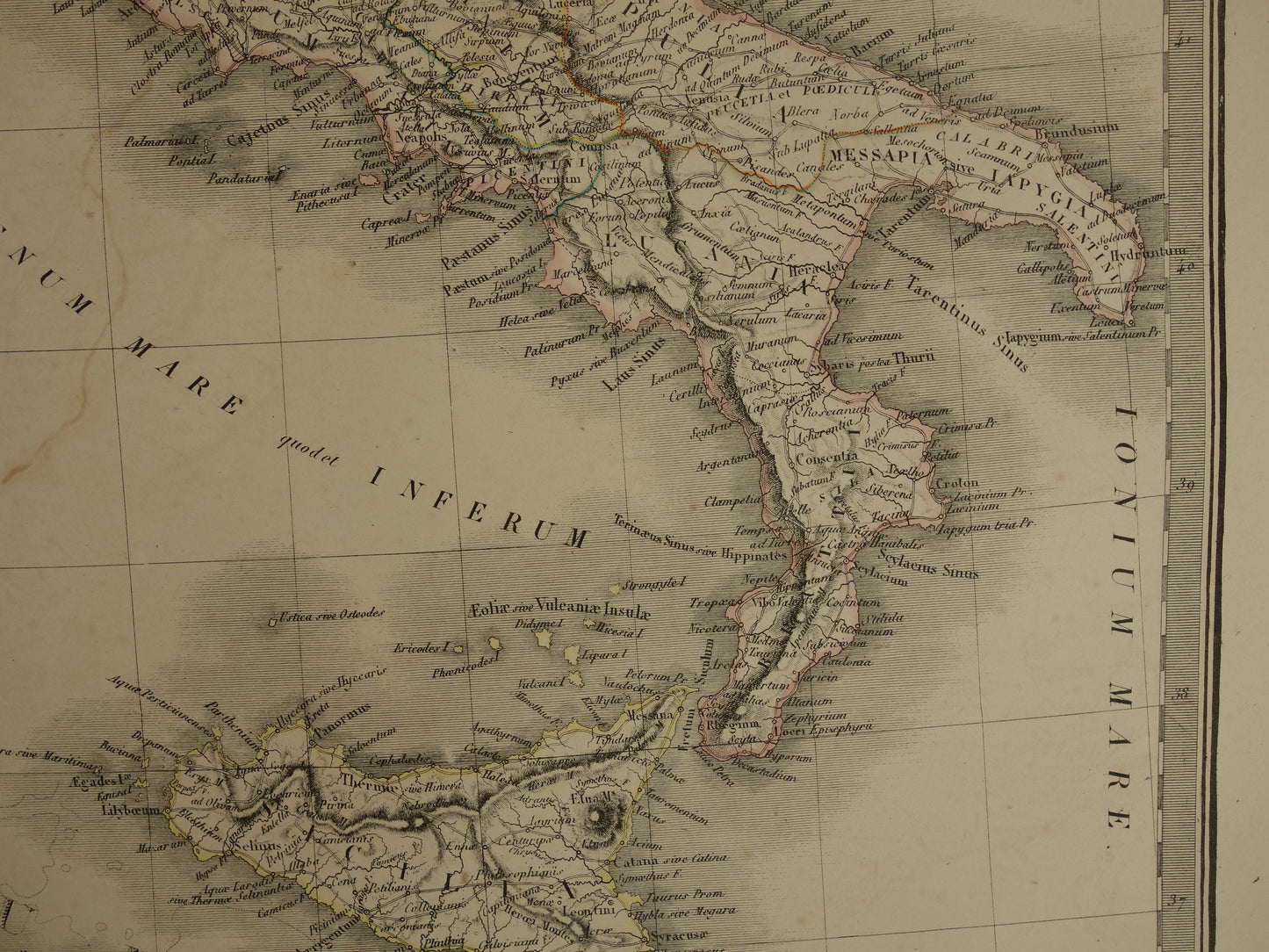 Antieke kaart van Italië in de klassieke oudheid 170+ jaar oude grote Franse handgekleurde landkaart uit 1851 met jaartal