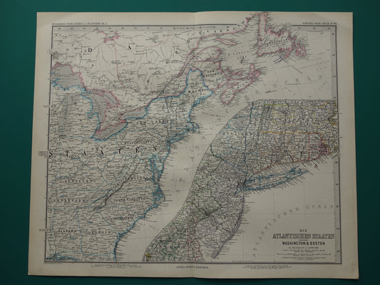 New Jersey Long Island Antieke kaart van de VS uit 1886 originele oude landkaart New York Connecticut Verenigde Staten