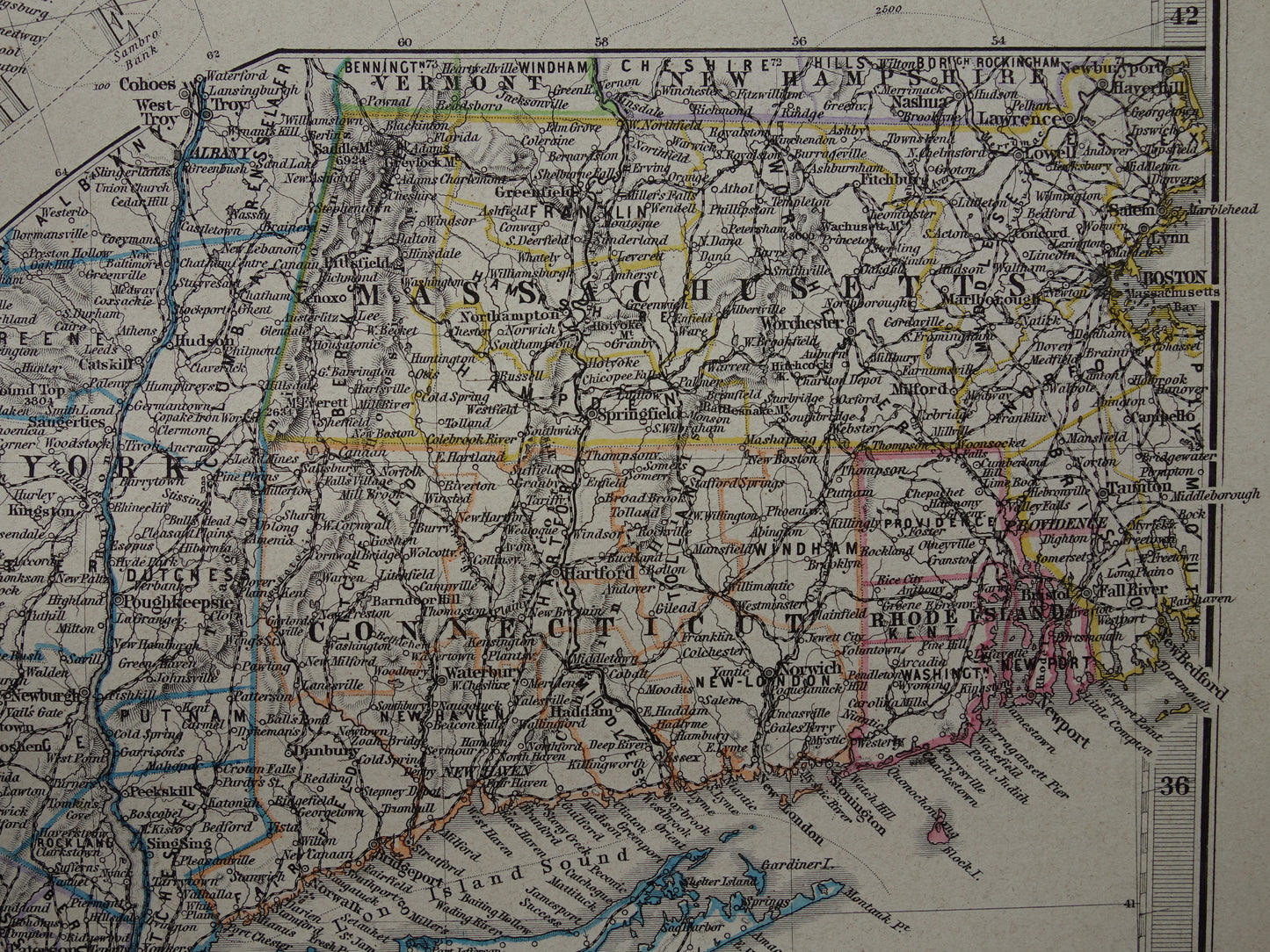 New Jersey Long Island Antieke kaart van de VS uit 1886 originele oude landkaart New York Connecticut Verenigde Staten