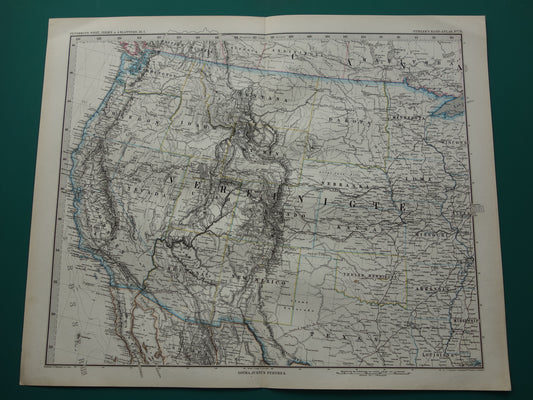 Verenigde Staten oude kaart uit 1886 originele antieke poster print van Amerikaanse westkust gedetailleerde vintage kaarten San Francisco Los Angeles Californië