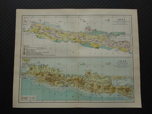 JAVA Antieke Nederlandse kaart van Java uit 1908 oude hoogtekaart landkaart vulkanen