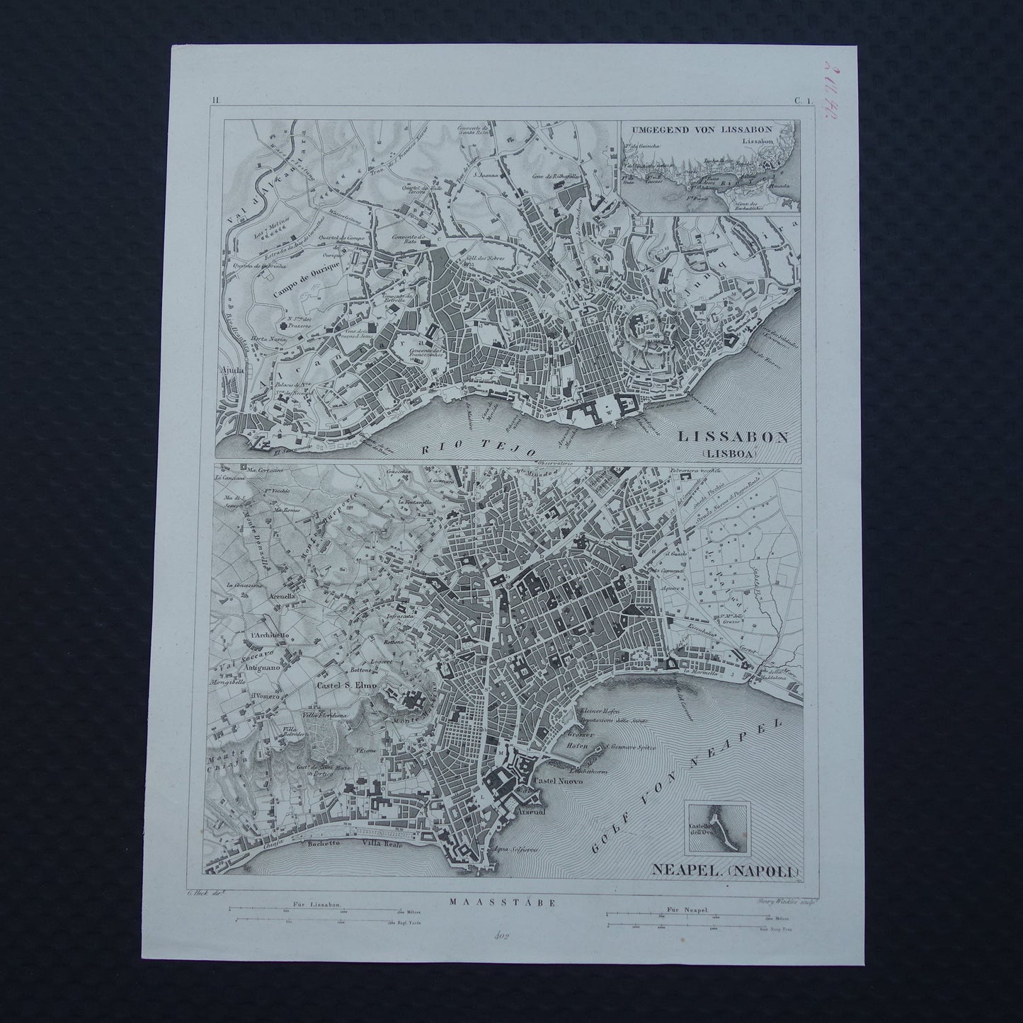Lissabon en Napels antieke plattegrond 175+ jaar oude kaart van Lisboa Napoli uit 1849 - originele vintage kaarten