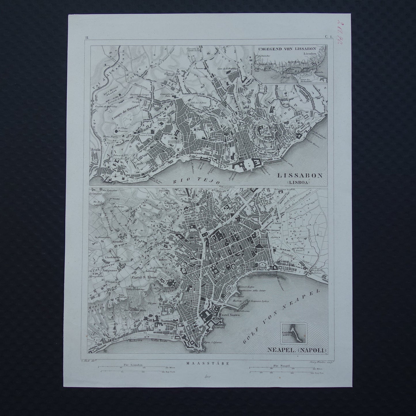 Lissabon en Napels antieke plattegrond 175+ jaar oude kaart van Lisboa Napoli uit 1849 - originele vintage kaarten