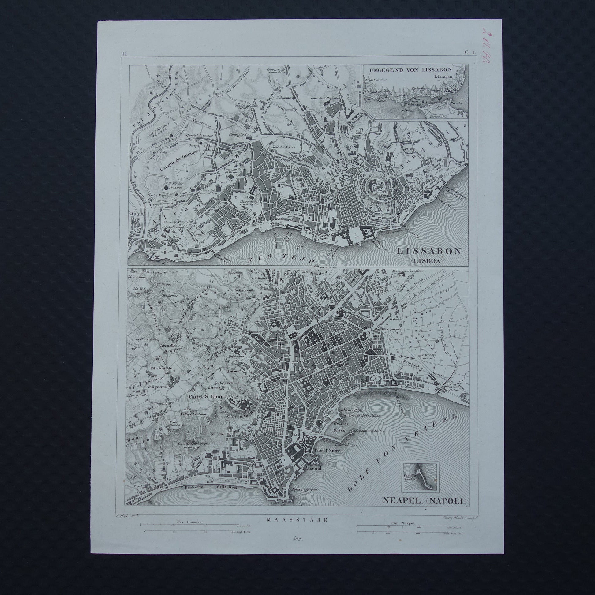 Lissabon en Napels antieke plattegrond 175+ jaar oude kaart van Lisboa Napoli uit 1849 - originele vintage kaarten