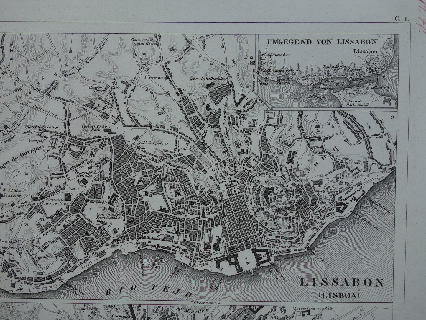 Lissabon en Napels antieke plattegrond 175+ jaar oude kaart van Lisboa Napoli uit 1849 - originele vintage kaarten