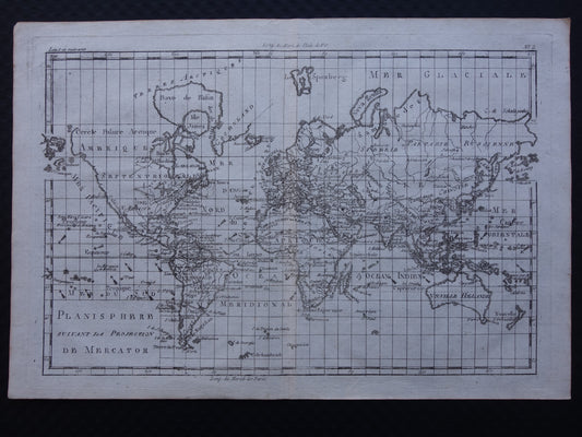 1780 Oude Wereldkaart Originele antieke kaart van de wereld van Raynal Bonne