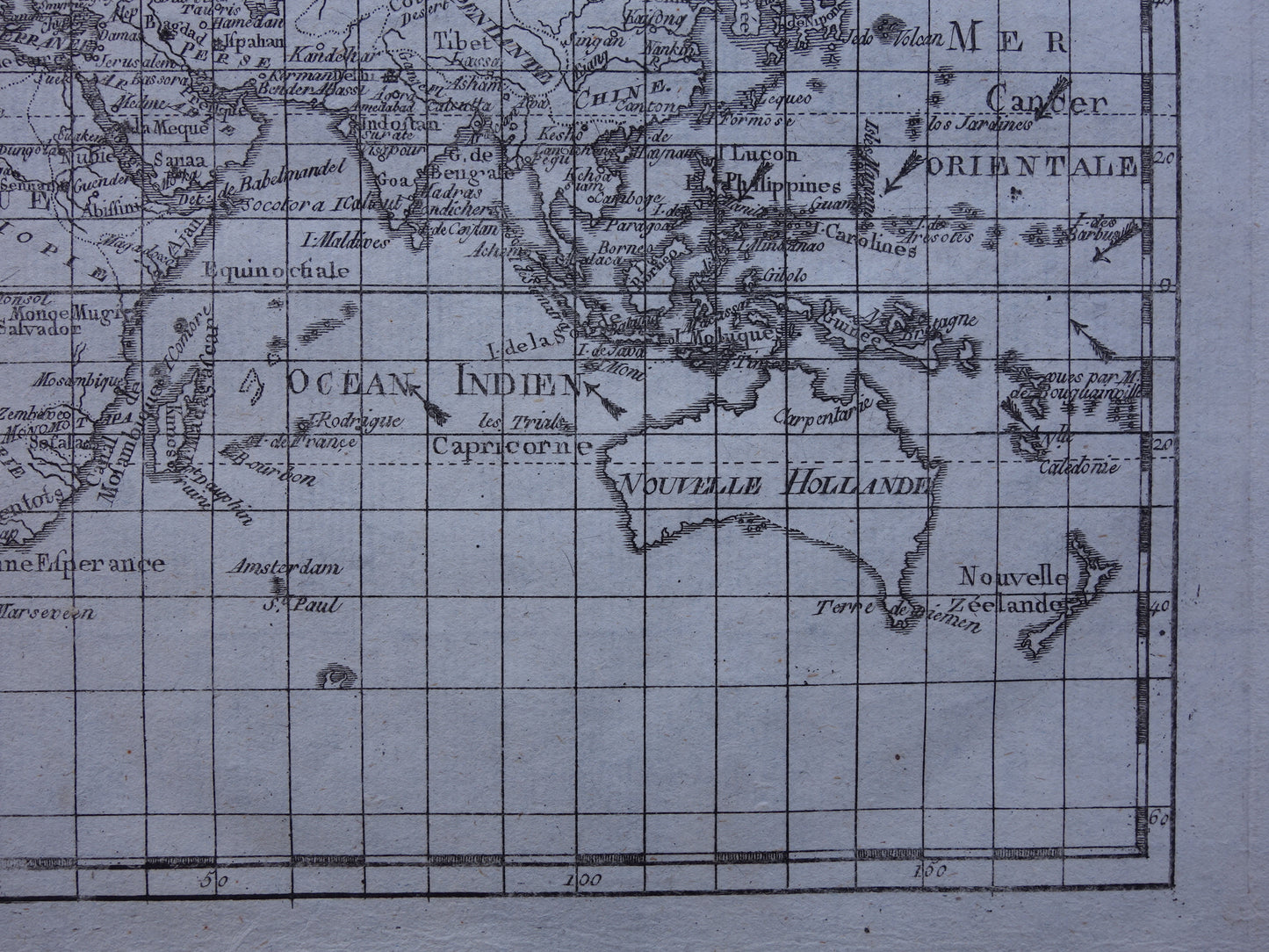 1780 Oude Wereldkaart Originele antieke kaart van de wereld van Raynal Bonne