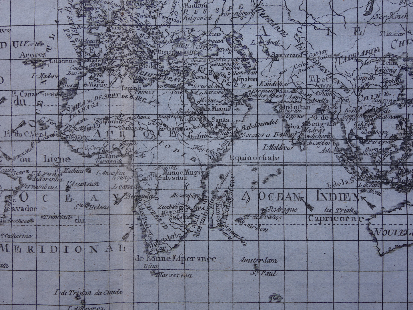 1780 Oude Wereldkaart Originele antieke kaart van de wereld van Raynal Bonne