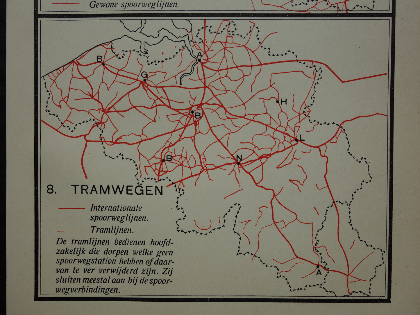 BELGIE Oude kaart van België uit 1933 Spoorwegen Tramlijnen originele vintage Nederlandse landkaart Trein Tram