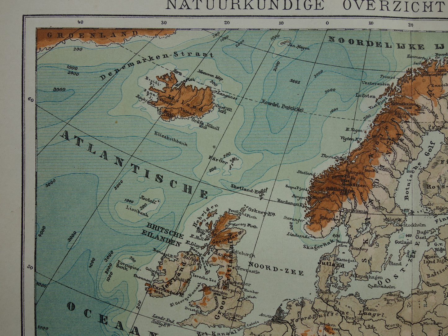 EUROPA Oude hoogtekaart van Europa uit 1907 originele Nederlandse antieke vintage kaart Bergen Rivieren Geologie landkaart