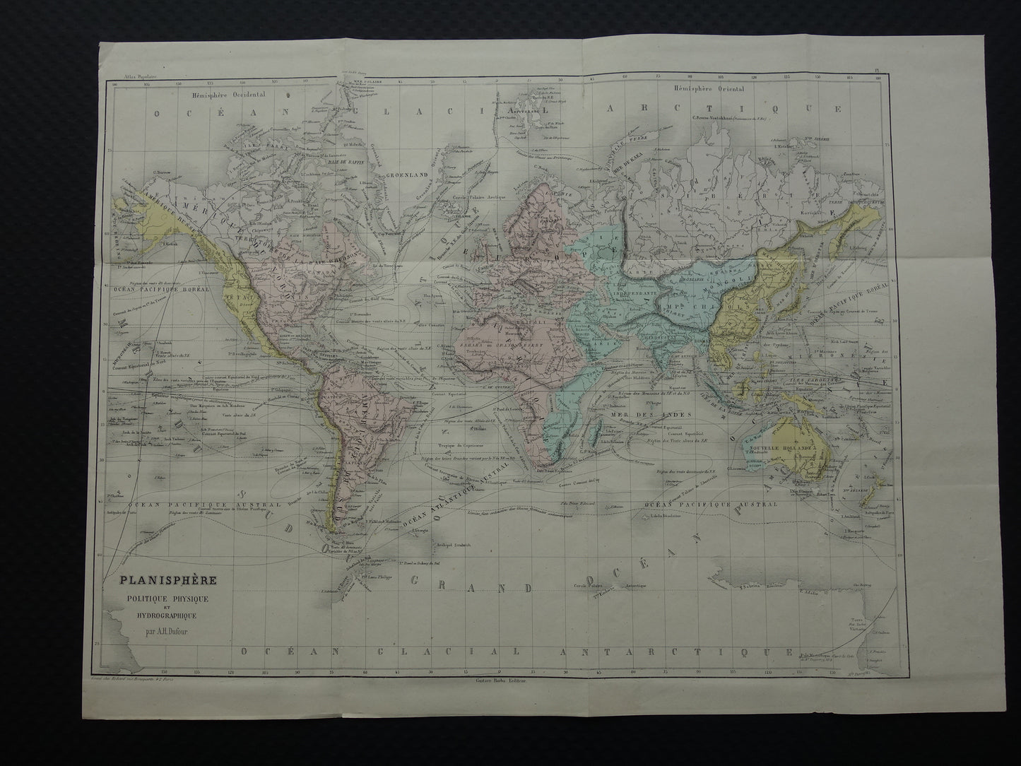 Oude wereldkaart uit 1858 originele antieke handgekleurde Franse landkaart