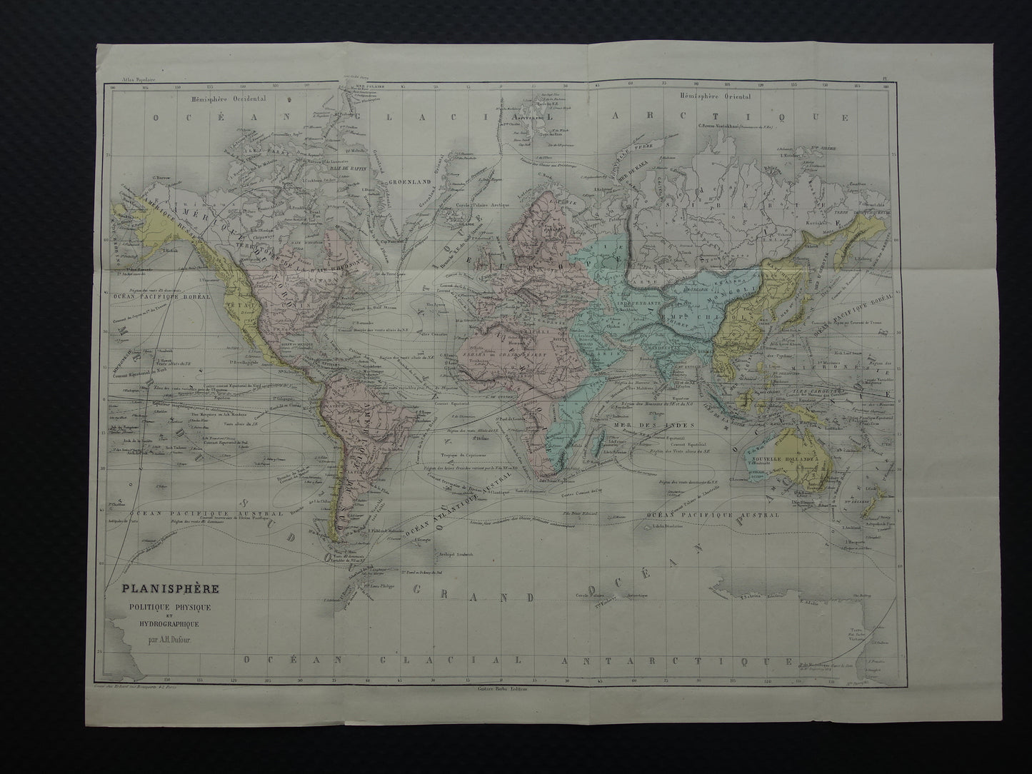 Oude wereldkaart uit 1858 originele antieke handgekleurde Franse landkaart