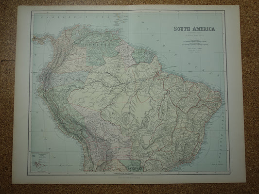 Grote oude kaart van noordelijk Zuid-Amerika 1890 originele antieke landkaart Brazilië Suriname Amazone rivier Peru